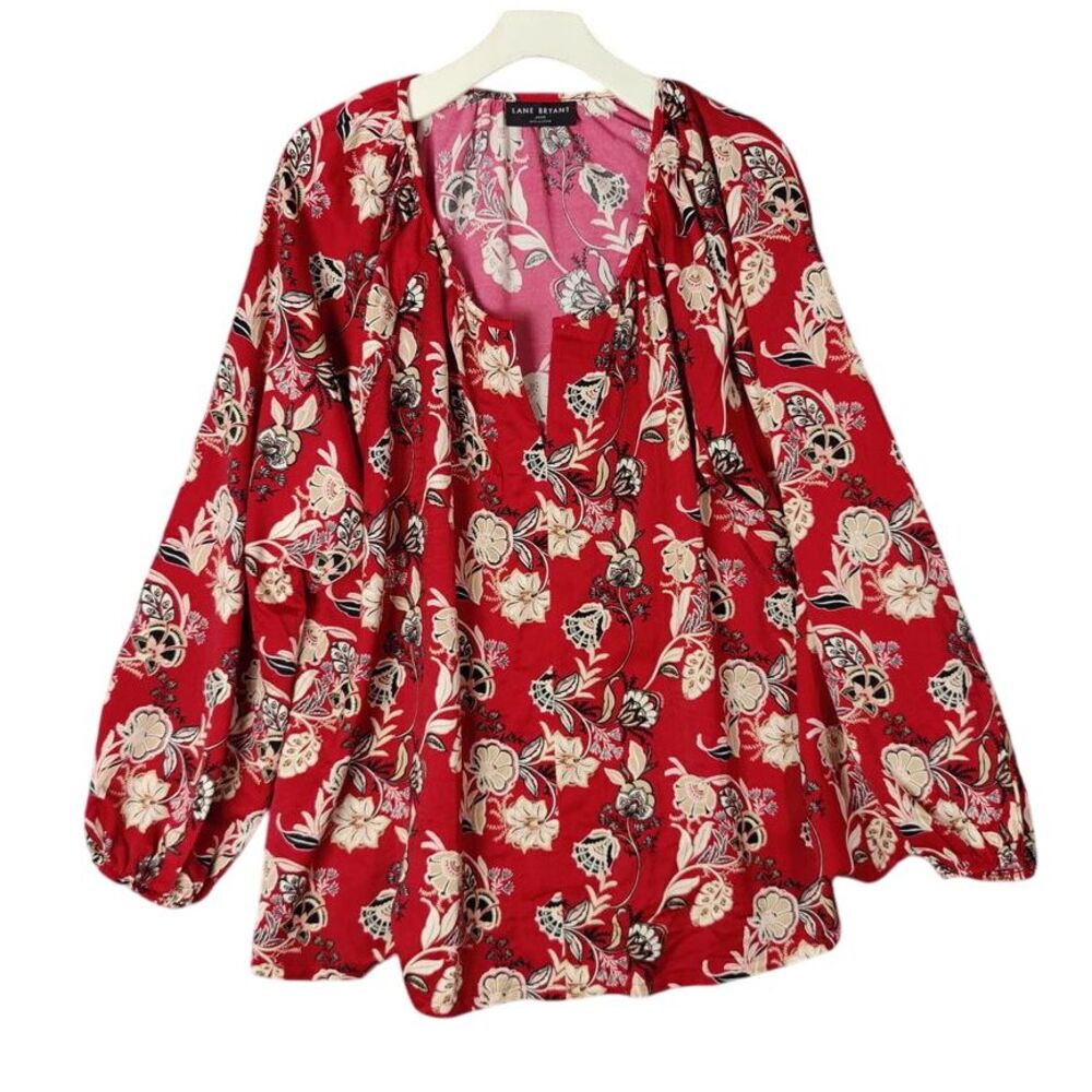 LANE BRYANT Top Womens Size 22/24 Satin Asian Inspired Florals Bishop Sleeve‎